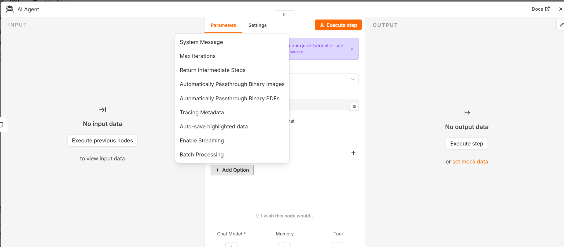 n8nのAI AgentノードでAdd Optionを押して開いた一覧。System Message、Max Iterations、Return Intermediate Steps、Automatically Passthrough Binary Images、Automatically Passthrough Binary PDFs、Tracing Metadata、Auto-save highlighted data、Enable Streaming、Batch Processing が並んでいる