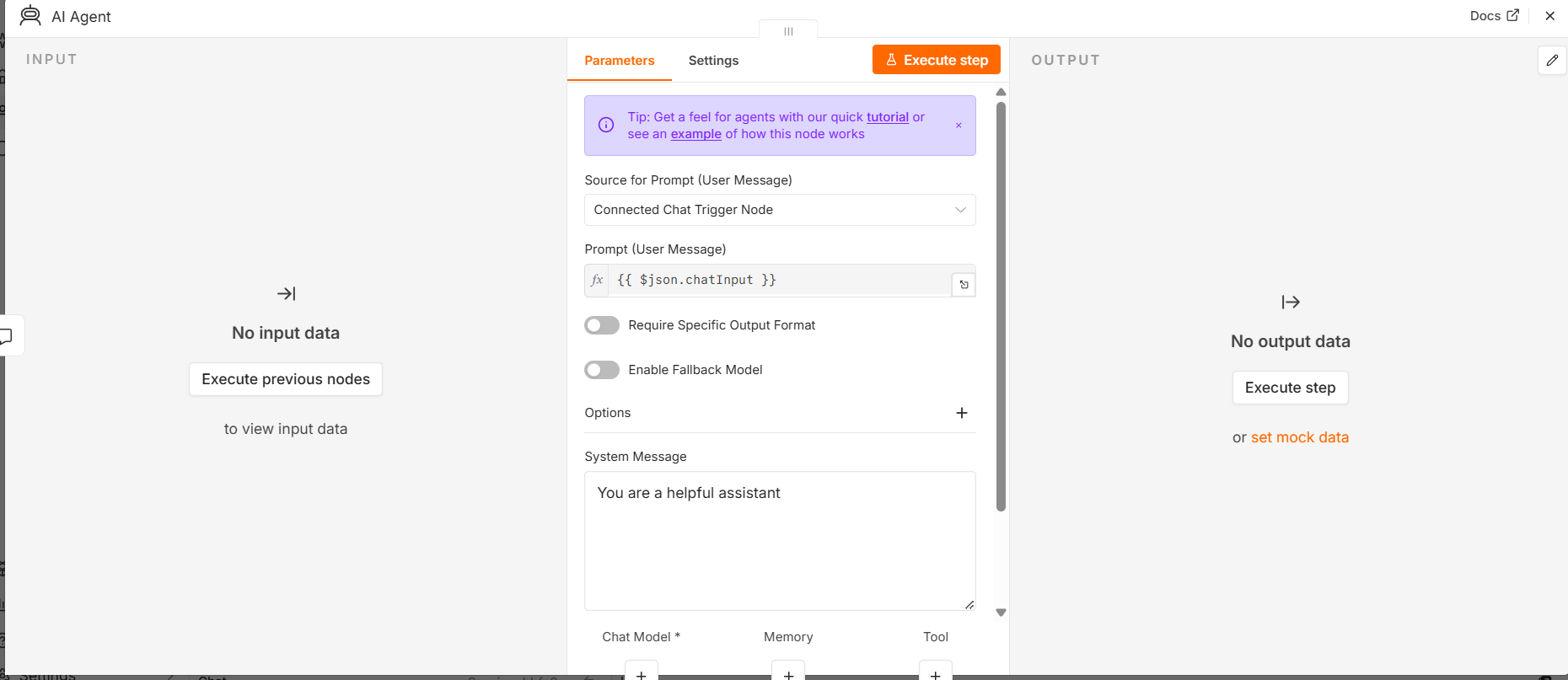 n8nのAI Agentノードの設定画面。Add Option から System Message を追加した直後で、欄に You are a helpful assistant という文が入っている