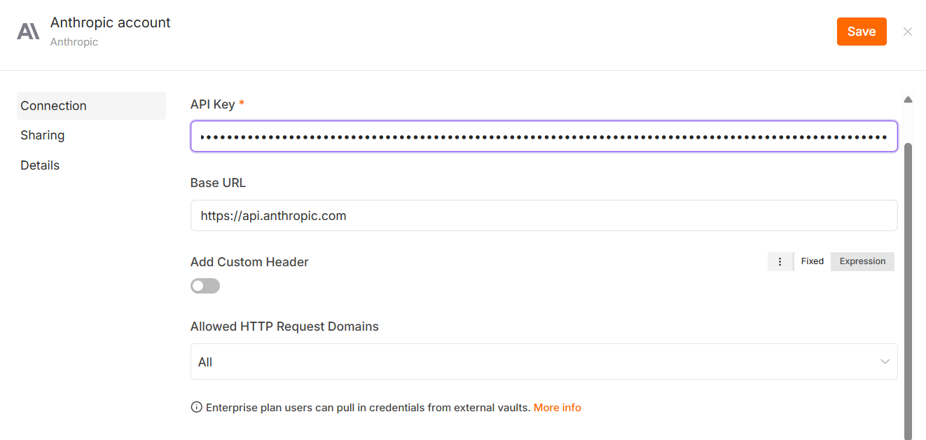 n8nのAnthropicクレデンシャル設定画面。API Key欄が伏せ字で埋まっており、Base URLに https://api.anthropic.com、Add Custom Headerはオフ、Allowed HTTP Request Domains は All