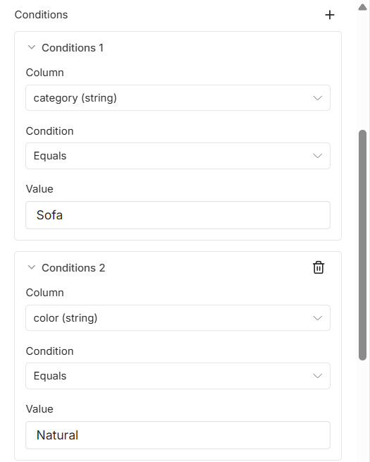 Data tableノードの Conditions。Conditions 1 は Column が category (string)、Condition が Equals、Value が Sofa。Conditions 2 は Column が color (string)、Condition が Equals、Value が Natural