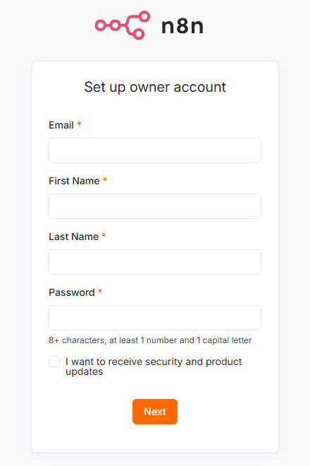 n8n を Docker で初めて起動して開いた画面。Set up owner account と書かれ、Email、First Name、Last Name、Password の入力欄がある。パスワードは8文字以上で、数字と大文字を1つずつ含める、と書かれている