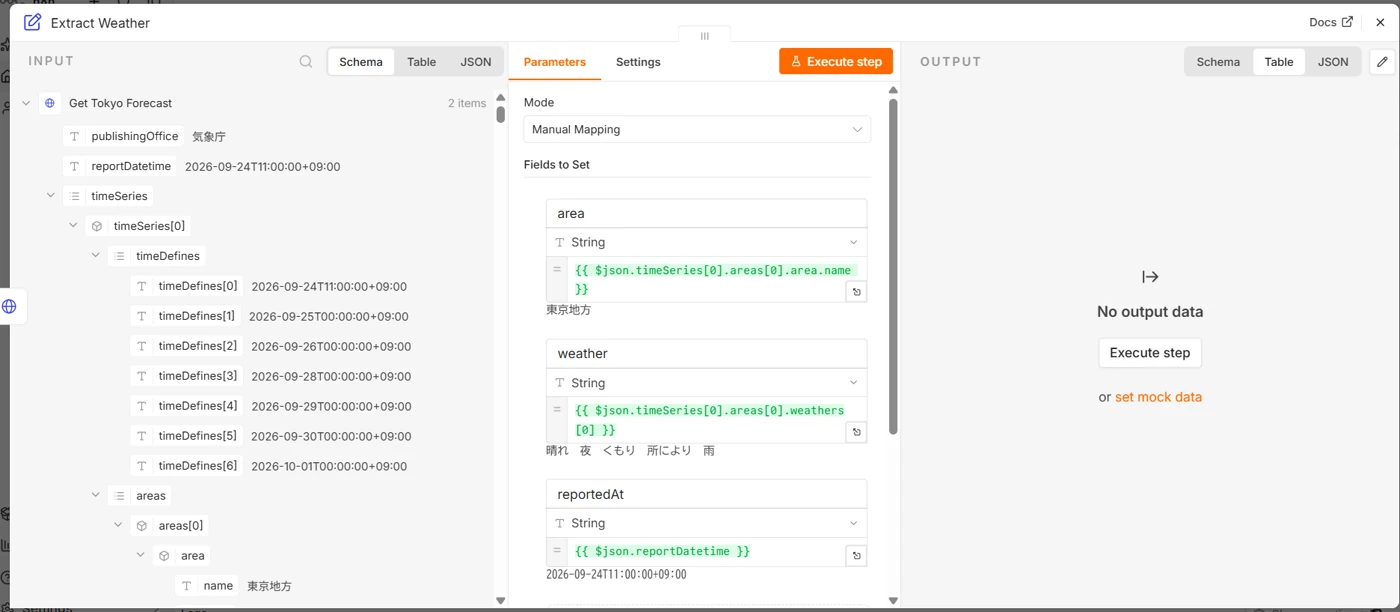 n8nのEdit Fieldsノードの画面。左に入力データの階層ツリー、中央に3つの式(area、weather、reportedAt)が緑のイコールアイコン付きで表示され、各式の下に評価結果として東京地方、晴れ 夜 くもり 所により 雨、2026-09-24T11:00:00+09:00 が出ている