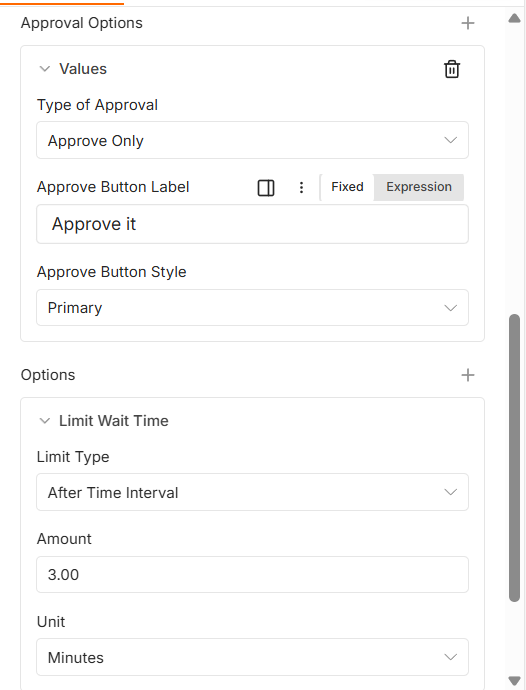 Gmailノードの設定の下半分。Approval Options に Type of Approval（Approve Only）、Approve Button Label（Approve it）、Approve Button Style（Primary）。その下の Options に Limit Wait Time があり、Limit Type が After Time Interval、Amount が 3.00、Unit が Minutes