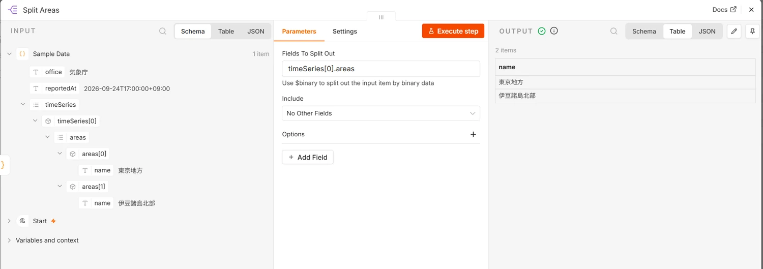 Split Outノードの実行結果。左の入力は1件でoffice、reportedAt、timeSeriesの中にareas[0]とareas[1]が入れ子になっている。中央のFields To Split OutにtimeSeries[0].areas、IncludeにNo Other Fields。右の出力は2件でnameだけが残り、東京地方と伊豆諸島北部が表示されている
